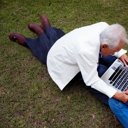 Image similar to coffin with elderly man who is browsing internet on laptop