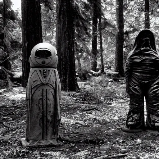 Prompt: old photograph of an occult alien shrine in an eerie forest with an astronaut standing in front of the shrine