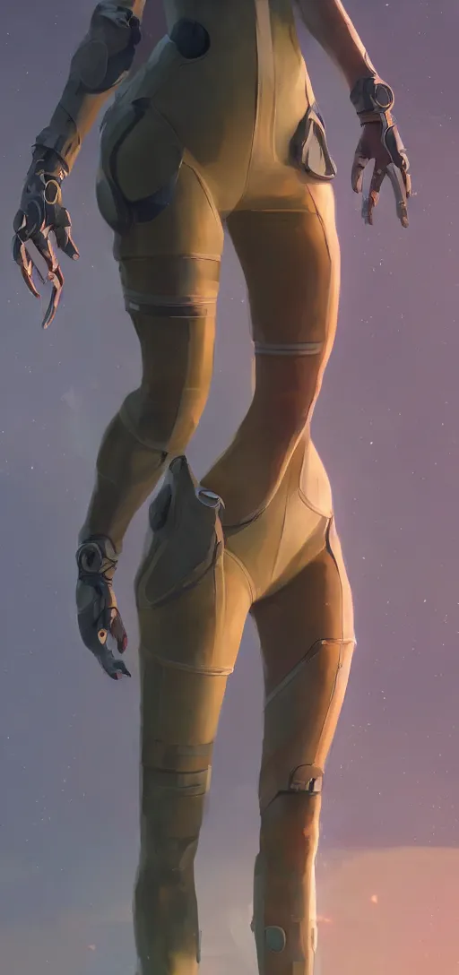 Image similar to sci fi female character, muted colored bodysuit, sci-fi large mechanical boots that go up to the thigh, soft lighting, wojtek fus, by Makoto Shinkai and Ilya Kuvshinov,