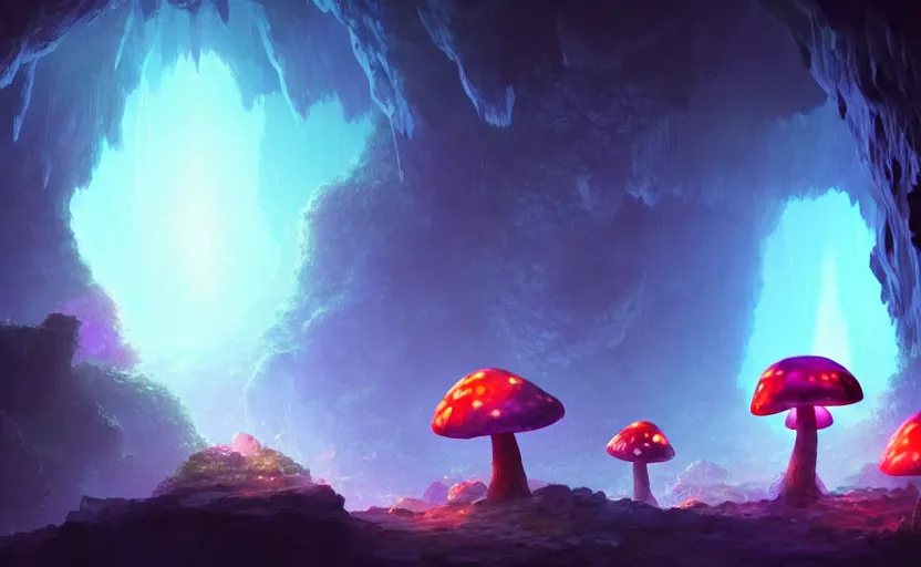 Prompt: a blurry ambient glowing crystal in the distance of a giant cave, mushrooms, dynamic lighting, ambient lighting, atmospherical, photorealistic fantasy concept art, trending on art station, stunning visuals, creative, cinematic, ultra detailed