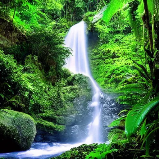 Image similar to beautiful waterfalls deep in the jungle, impressive, profound, natural lighting,