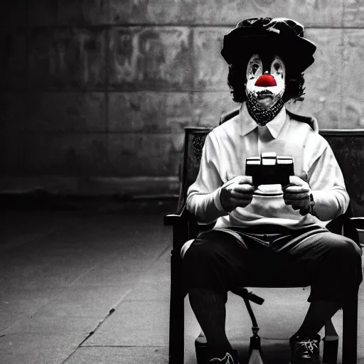 Image similar to an old black & white 5 0 mm close up portrait of a man dressed up as a clown holding a playstation controller while seated in a chair, in a dark foggy alley