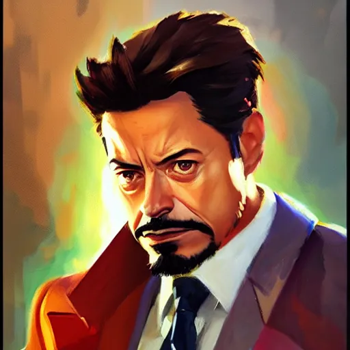 Image similar to greg manchess portrait painting of tony stark as overwatch character, totally whack, medium shot, asymmetrical, profile picture, organic painting, sunny day, matte painting, bold shapes, hard edges, street art, trending on artstation, by huang guangjian and gil elvgren and sachin teng