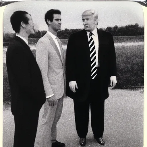 Image similar to polaroid photograph of donald trump meeting aliens, black and white, blurry