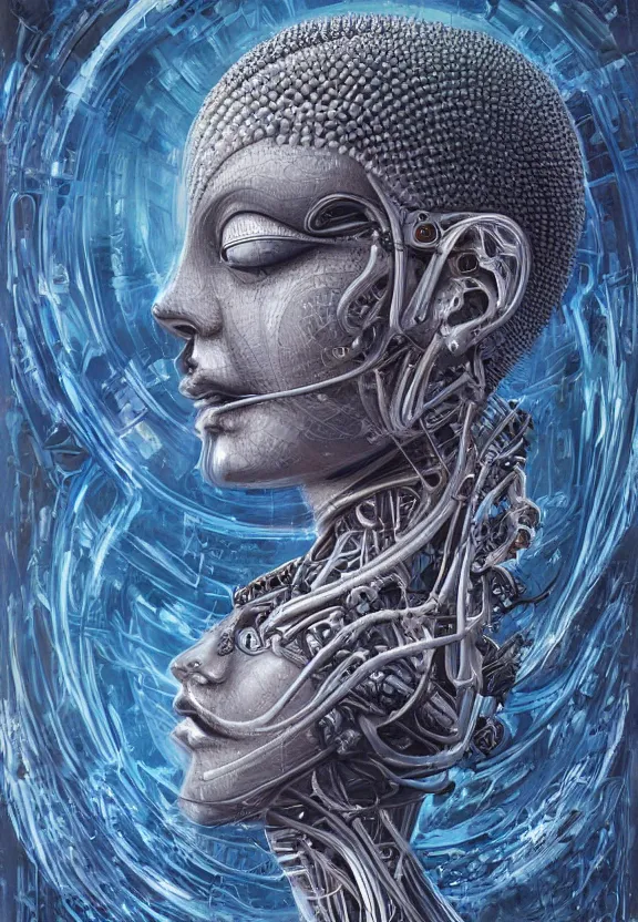 Image similar to perfectly centered portrait, front view of a beautiful biomechanical cyberpunk alien android robot buddha, female, flowing hair, intense stare, sarcastic smile, symmetrical, concept art, intricate detail, volumetric shadows and lighting, realistic oil painting by alex grey and h. r giger,