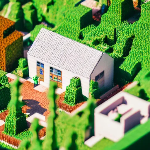 Prompt: macro photo of a miniature ho scale aesthetic minecraft house figure, taken with canon 8 0 d, canon 1 0 0 mm f / 2. 8