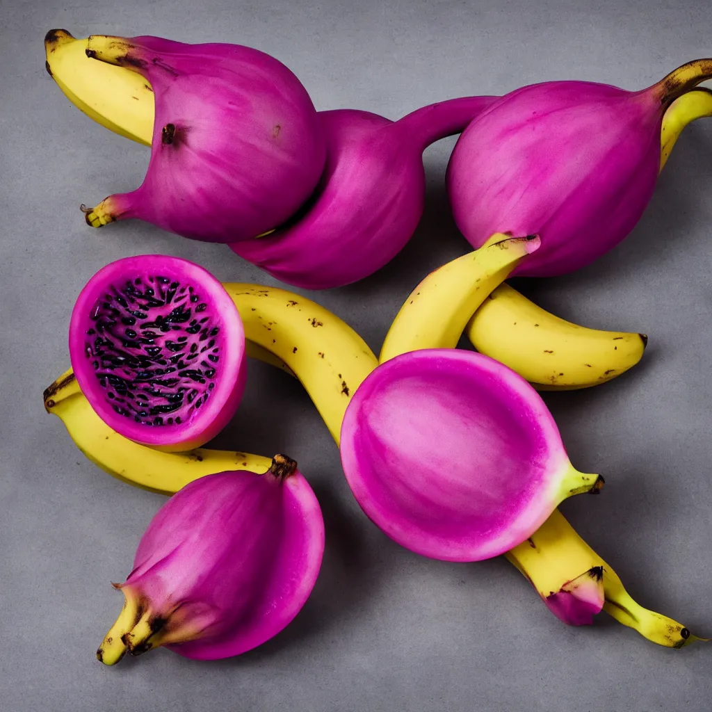 Image similar to banana that resembles dragon fruit, hyper real, food photography, high quality