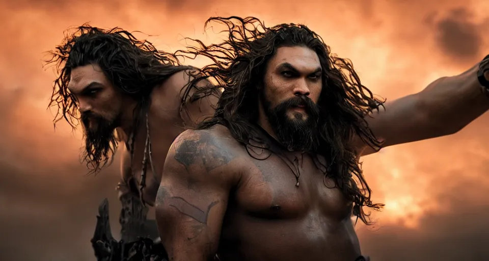 Image similar to Jason Momoa As The Death Dealer, bats, sunset, volumetric lighting, hyperrealistic, beautiful details, HDR, octane render, action shot, wide angle, bokeh, Frank Frazetta Style