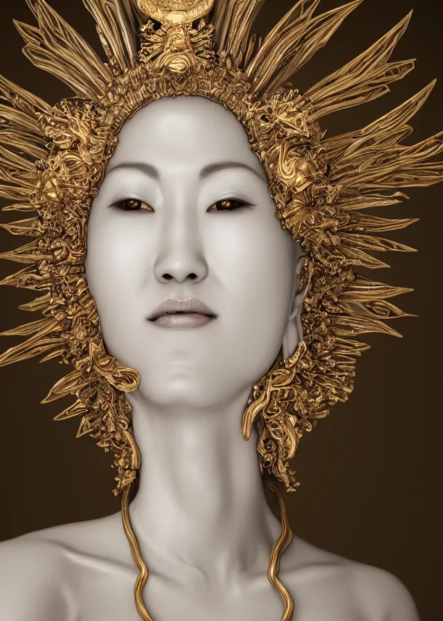 Image similar to hyper realistic portrait photo of ameterasu the sun goddess of japan, portrait shot, porcelain white face, intricate detail, octane render