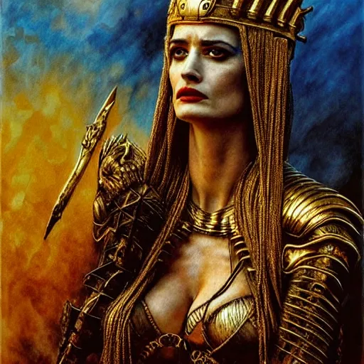 Prompt: eva green as warrior queen, atmospheric lighting, painted, intricate, golden and blue hour, ultra detailed by peter gric, giger, enki bilal