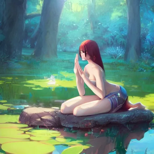 Image similar to fantasy woman girl kneeling in a pond miss attractive eye catching official fanart behance hd artstation by Rossdraws and Jesper Ejsing, by Makoto Shinkai and Lois van baarle, ilya kuvshinov, mystic, dreaming