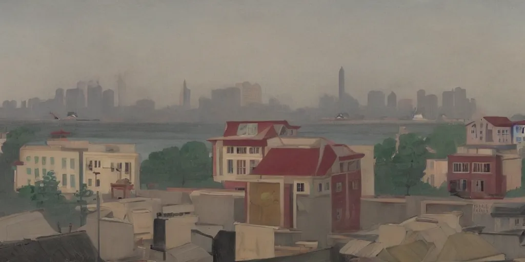 Image similar to In the foreground is a small red house, and in the background is the smoky Oriental Pearl City of Shanghai, George Ault painting style.