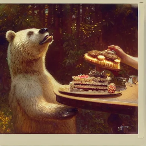 Prompt: polaroid photo of a bear eating cake, highly detailed painting by gaston bussiere, craig mullins, j. c. leyendecker