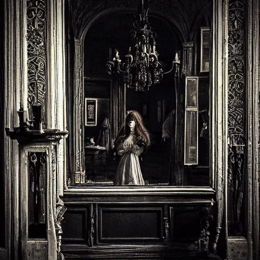 Prompt: a beautiful victorian woman is frightened by her zombie twin in a mirror. she is in a long hallway of mirrors. victorian interior, with many mirrors, twins, elegant design, haunting atmosphere, dark lighting, gothic, horror style, scary, swirling fog, volumetric lighting, by greg rutkowski, realistic, dutch angle, zombies