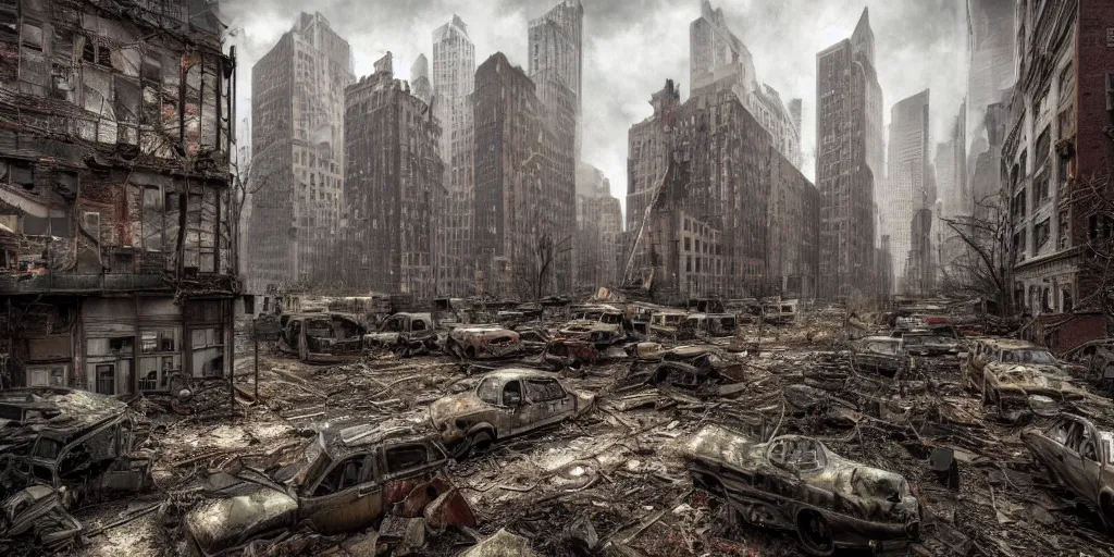 Prompt: An abandoned, post-apocalyptic New York City, buildings in ruins. HD worth1000.com photography, award winning photos from the apocalypse, historical archive, National Geographic. Favorites on Deviantart, Trending on Artstation