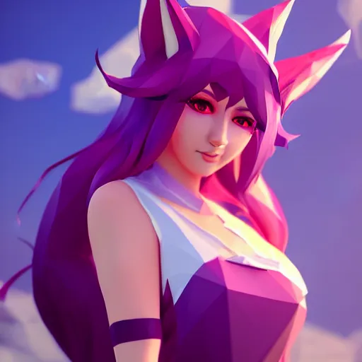 Prompt: low poly simple art of Ahri from league of legends, 8k resolution, high detail, ULTRA REALISTIC VFX, reflections, post processing