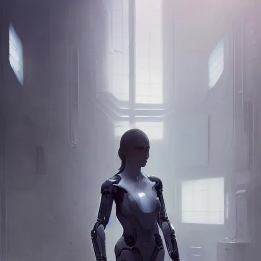 Image similar to concept art by greg rutkowski, female cyborg in a room from the spaceship, high tech and futuristic white walled environment, unnatural lighting, uncanny atmosphere, frightening and creepy atmosphere, scifi, highly detailed portrait, digital painting, artstation, concept art, smooth, sharp foccus ilustration, artstation hq