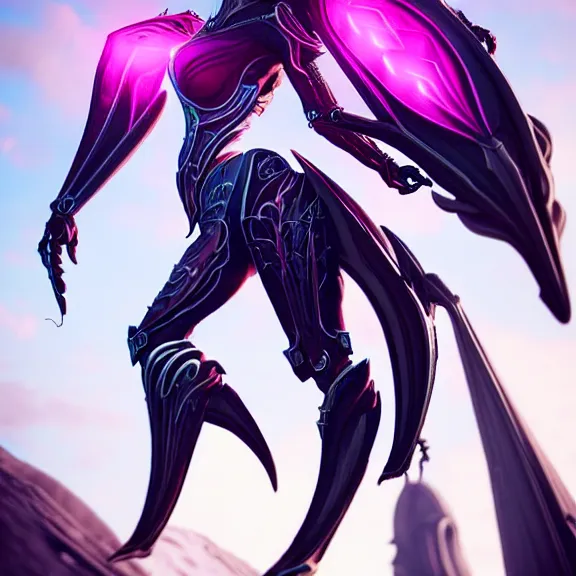 Image similar to highly detailed giantess shot exquisite warframe fanart, looking up at a giant 500 foot tall beautiful stunning saryn prime female warframe, as a stunning anthropomorphic robot female dragon, looming over you, dancing elegantly over you, your view upward between the legs, white sleek armor with glowing fuchsia accents, proportionally accurate, anatomically correct, sharp robot dragon claws, two arms, two legs, camera close to the legs and feet, giantess shot, upward shot, ground view shot, leg and thigh shot, epic low shot, high quality, captura, realistic, professional digital art, high end digital art, furry art, macro art, giantess art, anthro art, DeviantArt, artstation, Furaffinity, 3D realism, 8k HD octane render, epic lighting, depth of field
