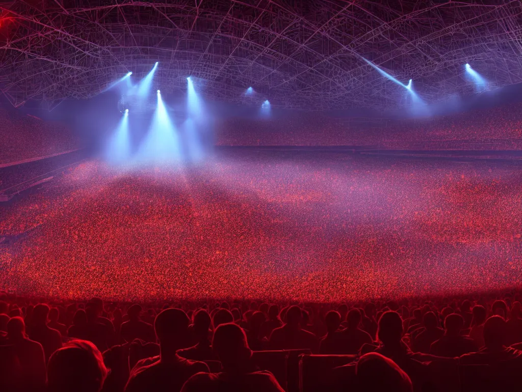 Prompt: a large concert stadium in hell, high contrast, stage lighting, pyrotechnics, ghibli animated film, volumetric lighting, octane render,