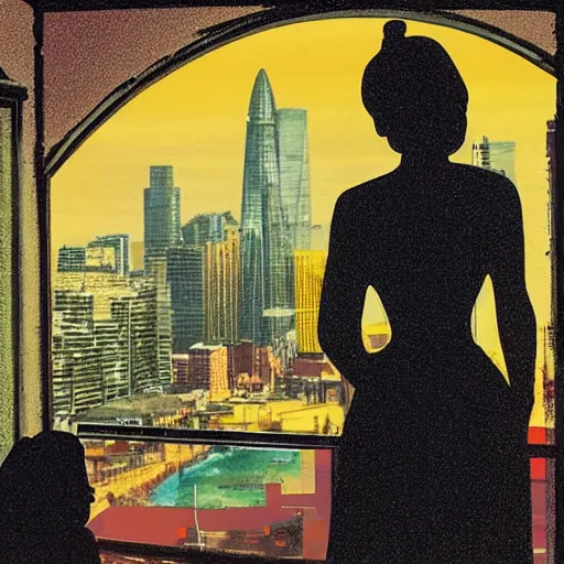 Prompt: View from window on megapolis, silhouette of women who watches to the window, pulp fiction