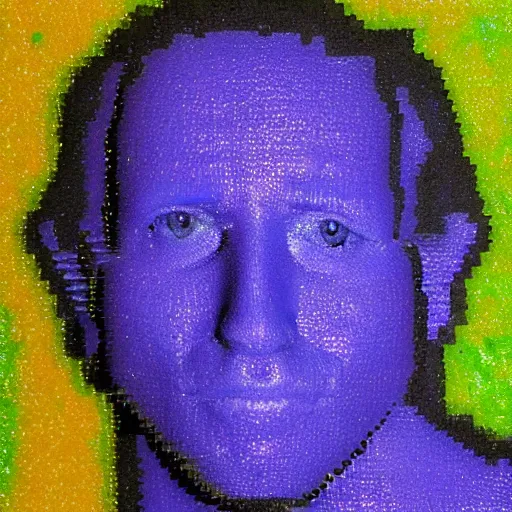 Prompt: an average looking human man made entirely of jello, portrait