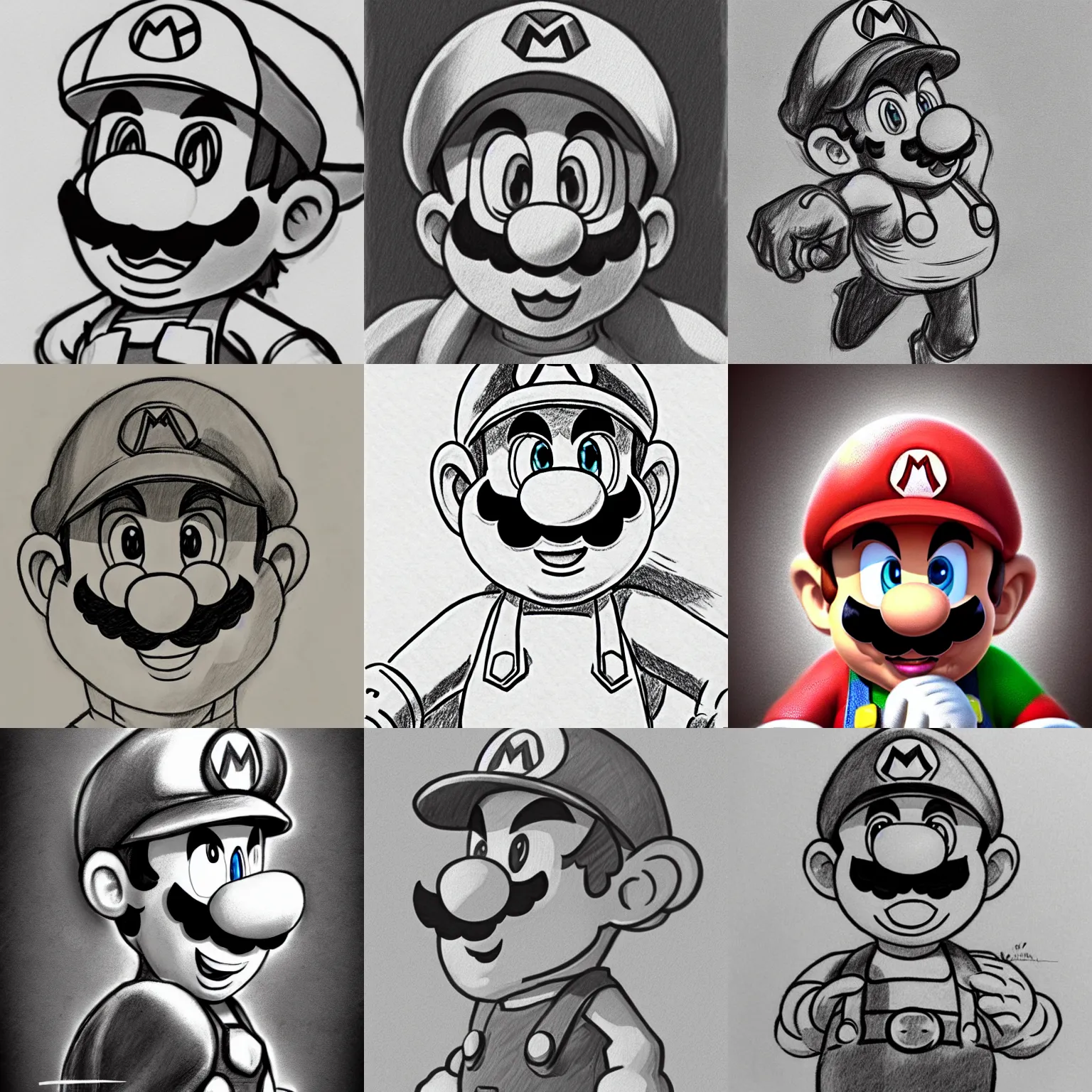 Prompt: epic pencil sketch of super mario, neutral focused gaze, striking anime artstyle with muted shadows, concept art, high emotion