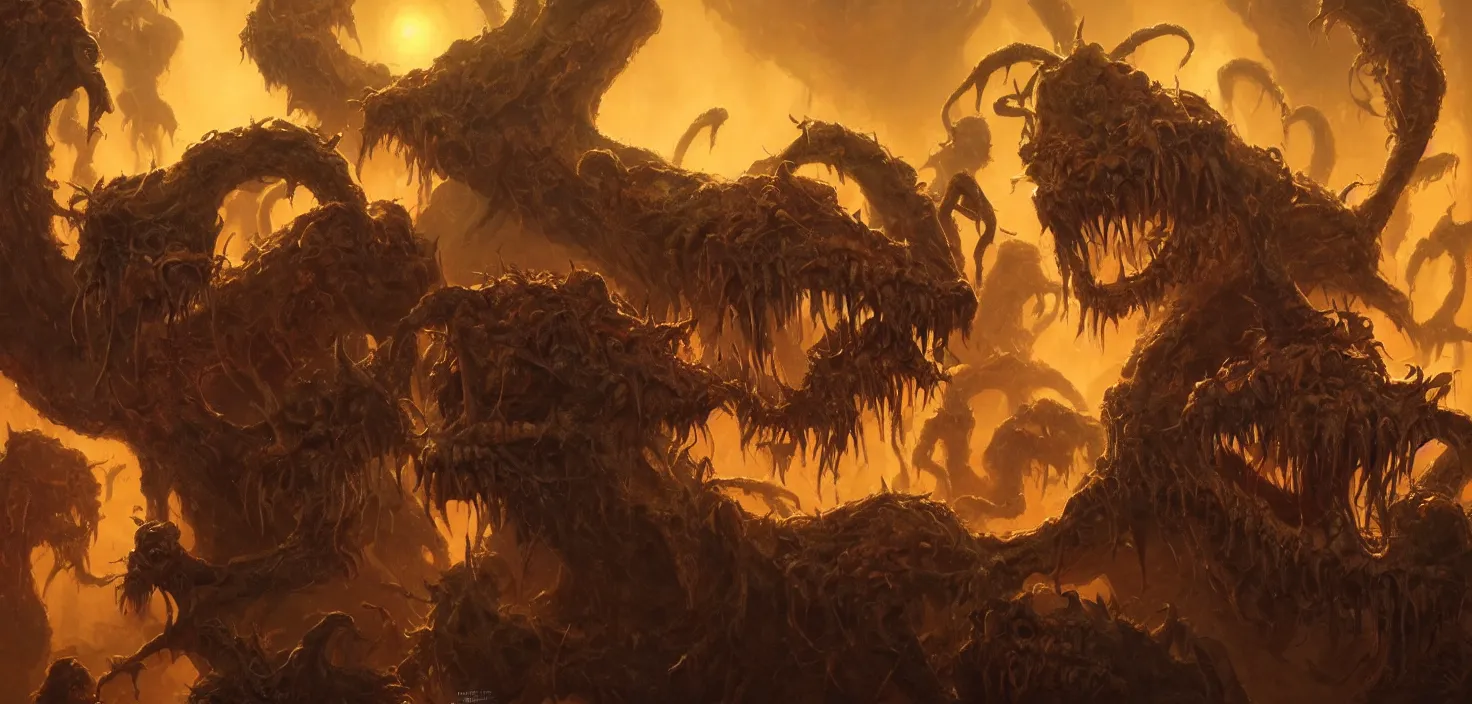 Image similar to oil matte painting, closeup portrait of ugly creepy goblins dancing in hell at ba rave cheering dancing beautiful cinematic light deep focus, elegant, digital painting, smooth, sharp focus, golden ratio, dramatic illumination, ultra realistic, 8 k, art by greg rutkowski wlop rossdraws