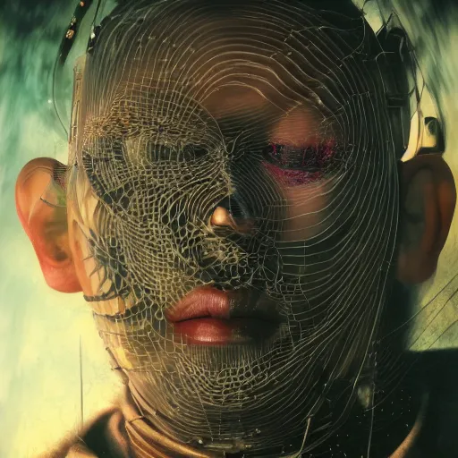 Prompt: full face close up portrait, sandman's visions of chaos in a thriving dystopia, by peter woodroffe, by igor morski, by laurie lipton, in a cyber - punk ally, cinematic lighting, volumetric lighting, neosurrealism, realistic shadows, particle effects, rendered in octane, noir, electric, cosmic, cybernetics