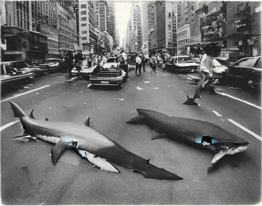 Prompt: a single huge shark with the legs of a hippo charging towards us down a new york city street, panic, people running, rioting, colour polaroid photo, 1980s