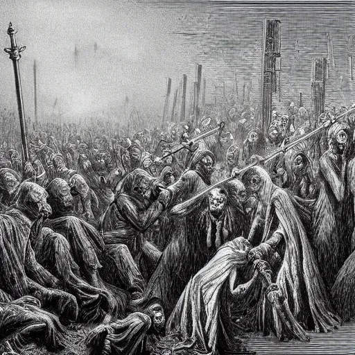 Image similar to nine steel barrels in a graveyard full of zombies, creepy atmosphere, dark, portrait, realistic, illustration by gustave dore