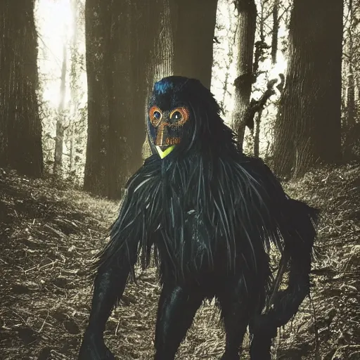 Image similar to werecreature consisting of a crow and a human, werecrow, photograph captured in a dark forest