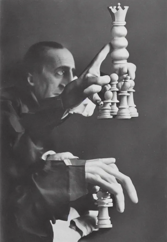 Image similar to a man holding up a single chess - piece, a surrealist painting by marcel duchamp, complex artificial - intelligence machinery, flickr contest winner, surrealist, studio portrait, 1 9 2 0 s