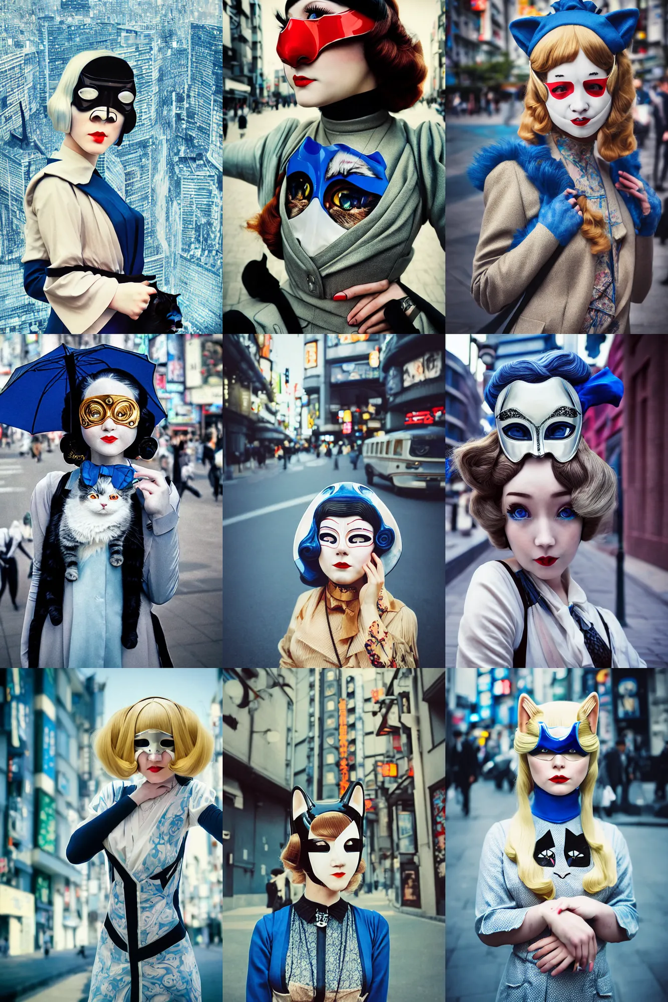 Prompt: \!Cinestill 50d! film photo,!8K!,highly detailed\: beautiful three point perspective extreme closeup portrait photo in style of 1920s frontiers in cosplay retrofuturism tokyo seinen manga street photography fashion edition, tilt shift zaha hadid style tokyo background, highly detailed, focus on girl;art nouveau cat mask;blonde hair;blue eyes, clear eyes, soft lighting