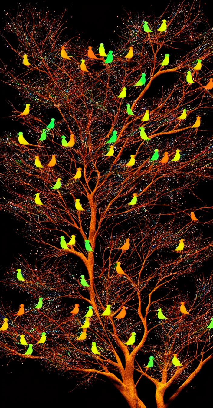 Prompt: highly detailed realistic photo of birds glowing on tree at night, vibrant colors, award winning masterpiece photography, hyper realistic, concept art, 8 k detail post - processing