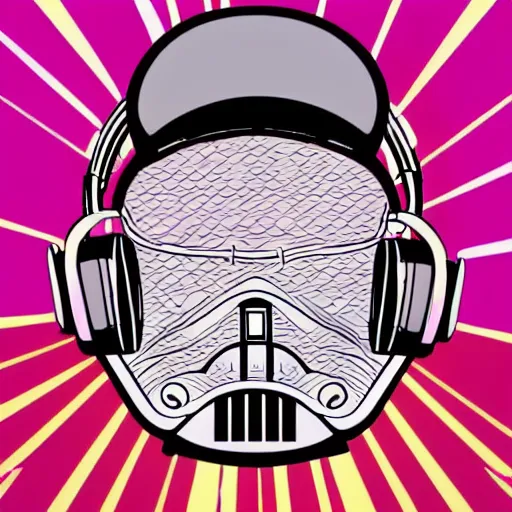 Image similar to svg sticker of a Pop-Wonder Darth-Vader at a rave, spinning records, giant headphones rocking out, wearing headphones, huge speakers, dancing, rave, DJ, spinning records, digital art, amazing composition, rule-of-thirds, award-winning, trending on artstation, featured on deviantart