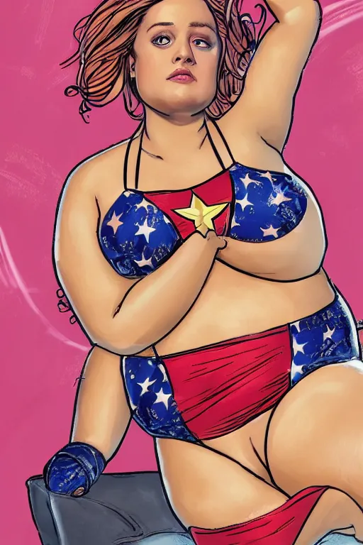 Prompt: full body portrait of a slightly overweight gorgeous petite Brie Larson wearing a micro bikini with a Captain Marvel pattern, wearing a skin-tight micro bikini that's a few sizes too small, round chubby belly, extremely fat and soft in her midsection, lounging in a chair by a pool, hyper realistic, extremely attractive and beautiful model-like face, extreme facial detail, illustration, photorealistic, trending on artstation, HD, 4k, 8k, intricate detailed anatomy, character design, by james gurney