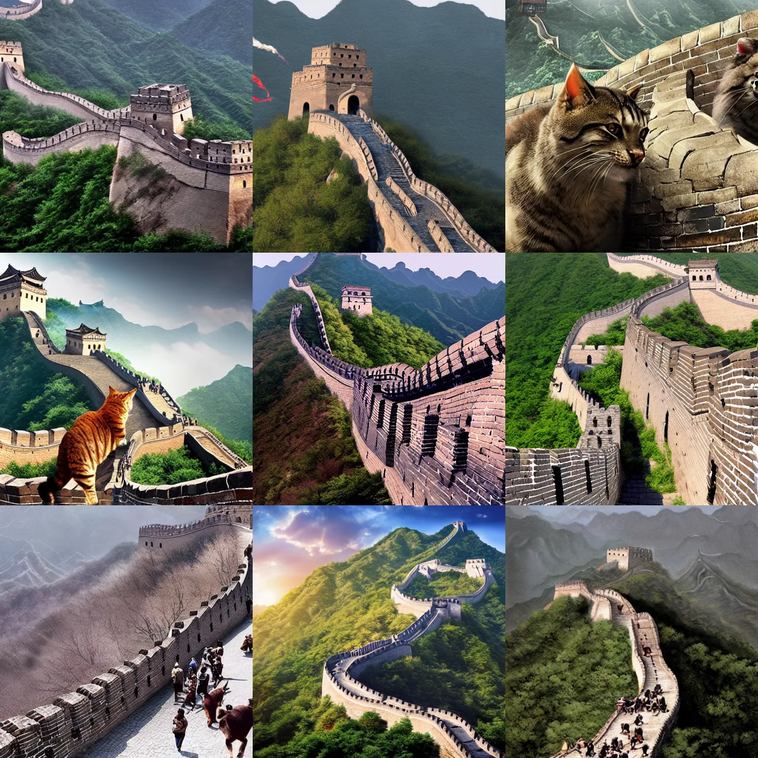 Prompt: giant cats destroying the great wall of china, cinematic, photorealistic