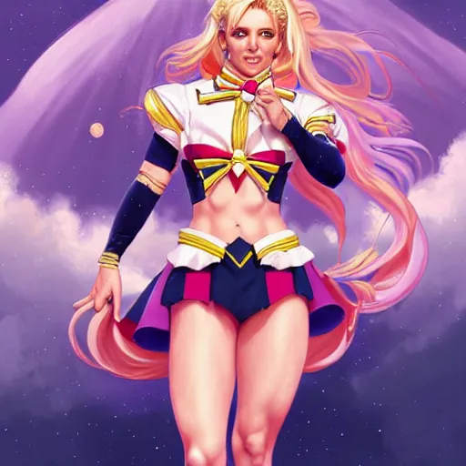 Image similar to Britney Spears as Sailor Moon, western, D&D, fantasy, intricate, elegant, highly detailed, digital painting, artstation, concept art, matte, sharp focus, illustration, art by Artgerm and Greg Rutkowski and Alphonse Mucha