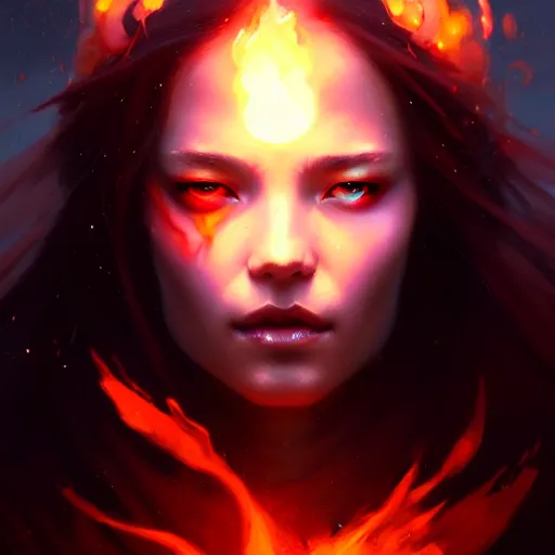 Prompt: a beautiful portrait of a fire and ice goddess with slightly closed eyes by Greg Rutkowski and Raymond Swanland, Trending on Artstation, Flaming Background, ultra realistic digital art
