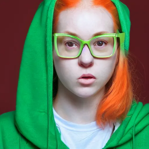 Prompt: 4 k, realistic, detailed portrait of a teenage girl who has orange hair tied up into a ponytail, she is also wearing a green hoodie, glasses, she has pale skin.