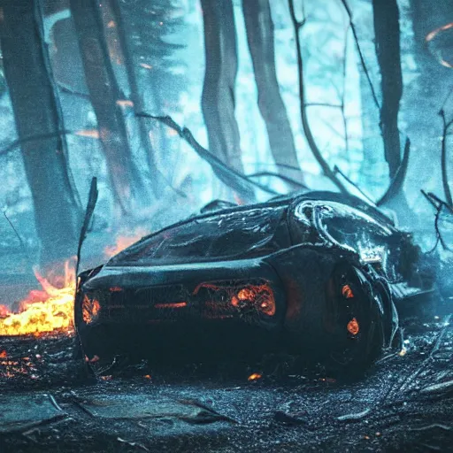 Image similar to cyberpunk car on fire in the middle of the woods at night fire fiery sci fi advance