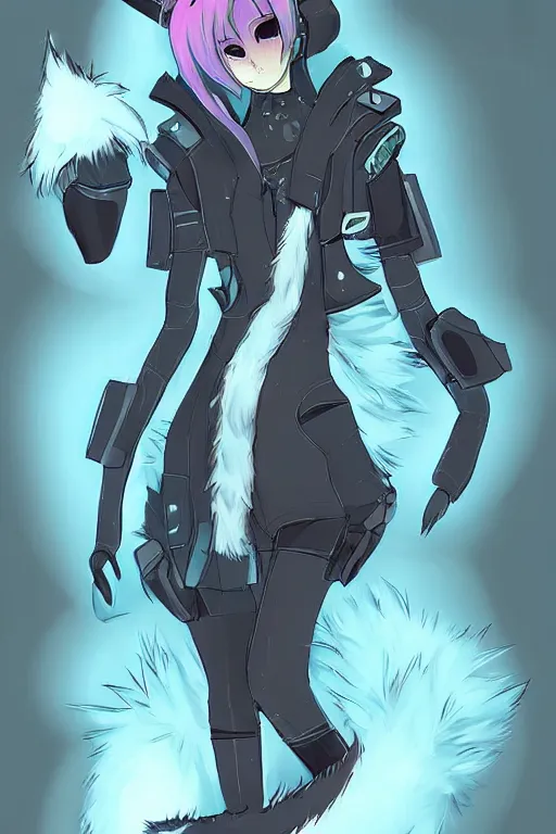 Image similar to a cyberpunk anthropomorphic fox with a fluffy tail!!!, manga art, trending on furaffinity, cartoon, kawaii, backlighting, by kawacy, chibi, pastel