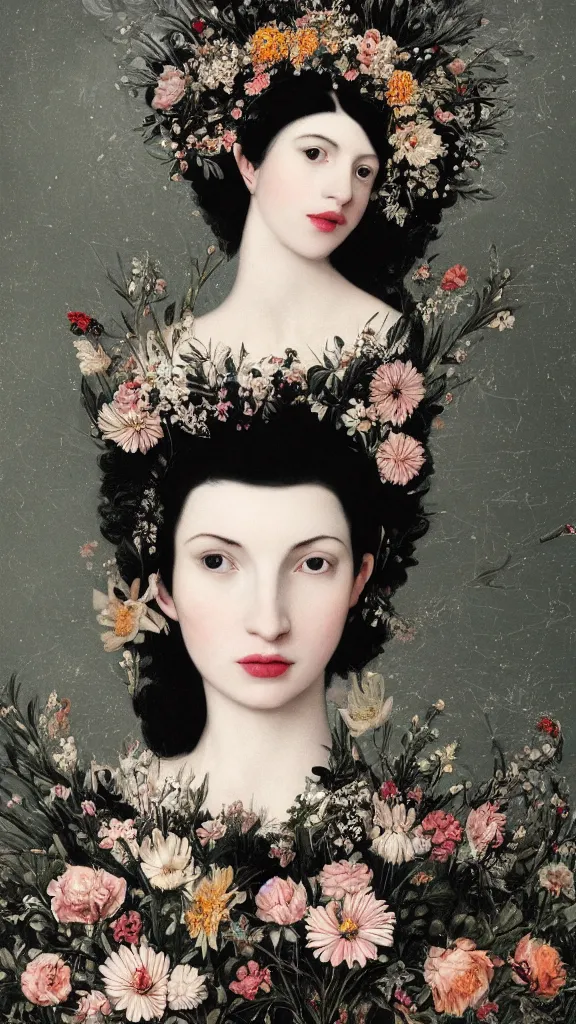 Image similar to a closeup portrait of a beautiful black haired woman with pale skin and a crown on her head sitted on an intricate metal throne, in an infinite landscape of flowers, photograph by caravaggio, canon eos c 3 0 0, ƒ 1. 8, 3 5 mm, 8 k, medium - format print