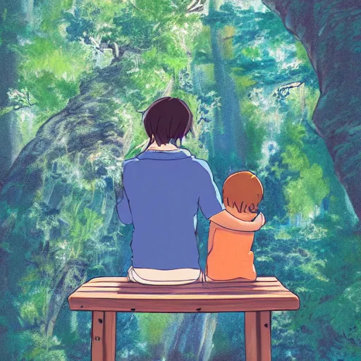 Image similar to my beautiful wife, sitting on a small wooden chair, with arms outstretched to our son for a hug, cartoon style, studio Ghibli, extreme detail, 8k