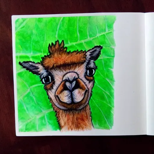 Image similar to copic paint of a alpaca face on a green leaf