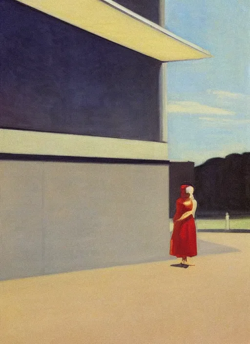 Prompt: a mies van der rohe building painting by edward hopper dramatic light