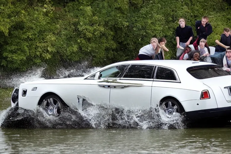 Image similar to Group of teenagers push Rolls-Royce into lake from small slide