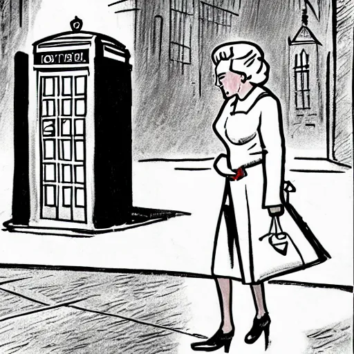 Prompt: Concept art of Queen Elizabeth II stepping out of the Tardis on a dark rainy London street