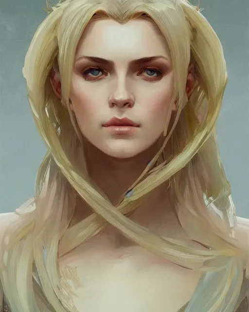 Image similar to '' Portrait of Beautiful blonde Slavic woman, league of legends, LOL, fantasy, d&d, digital painting, artstation, concept art, sharp focus, illustration, art by greg rutkowski and alphonse mucha ''