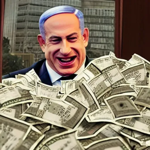 Image similar to benjamin netanyahu laughing maniacally counting piles of cash